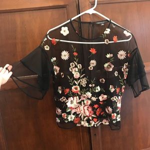 Haute Monde Embroidered Top Mesh Floral Ruffle